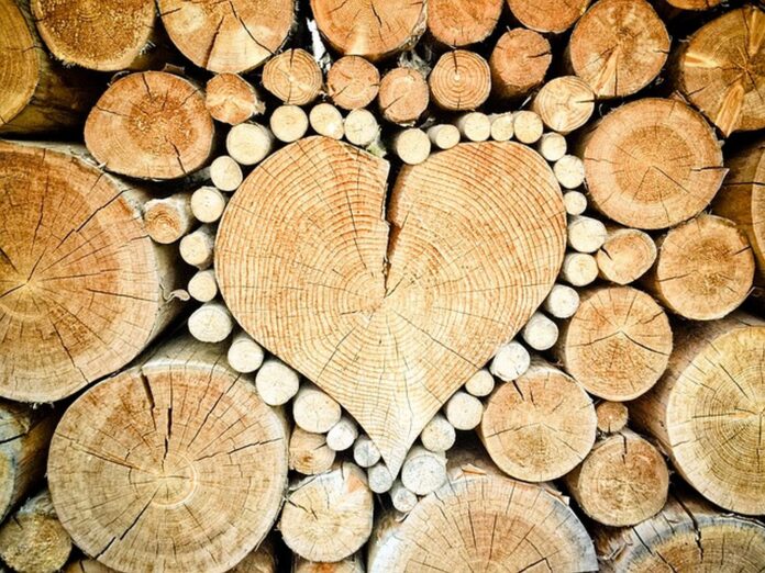 serce w stosie drewna (jeden z bali ułożonych w stos przypomina w przekroju serce)